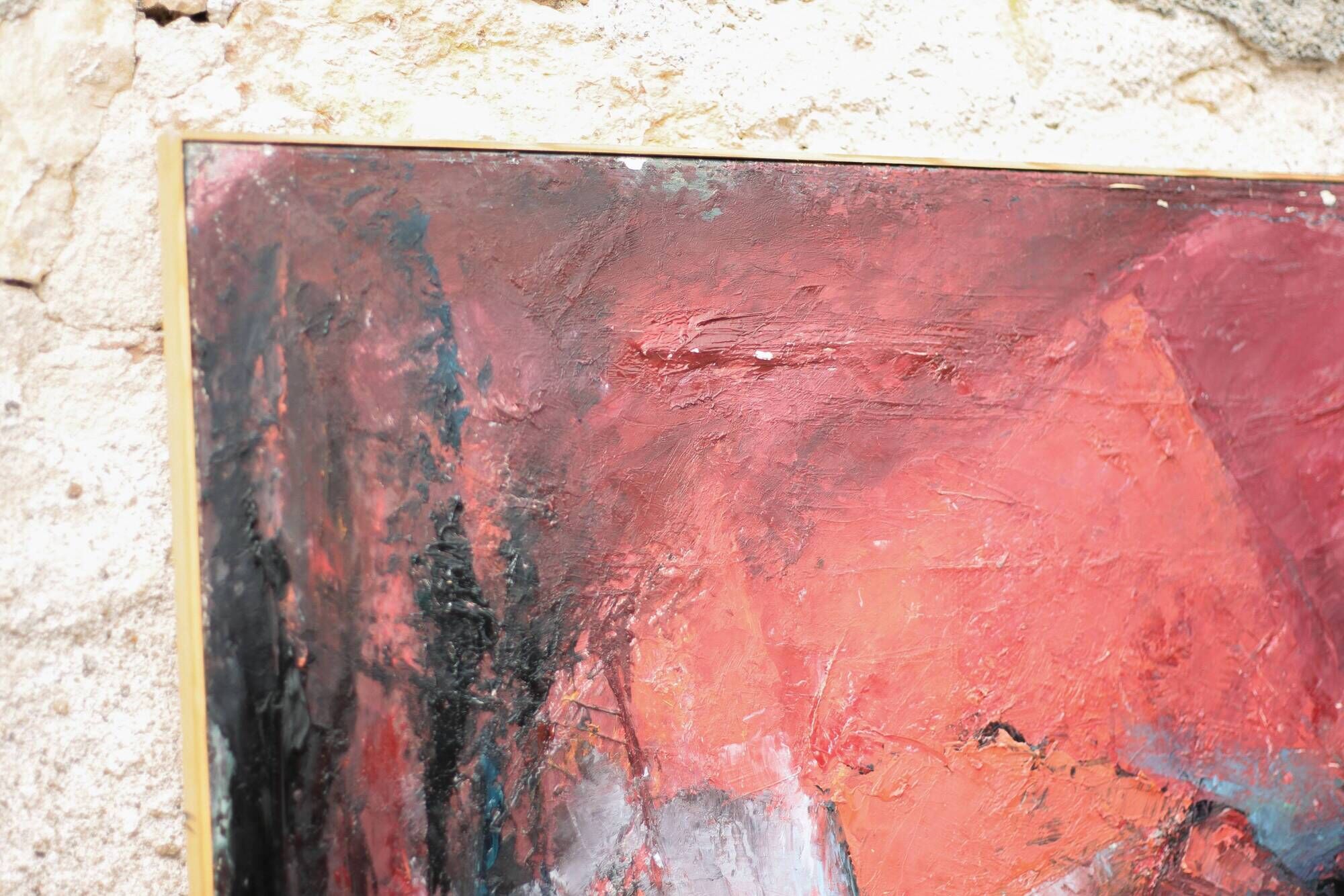 Oil on canvas signed Monique Humbert, abstract composition, wall painting, interior decoration.