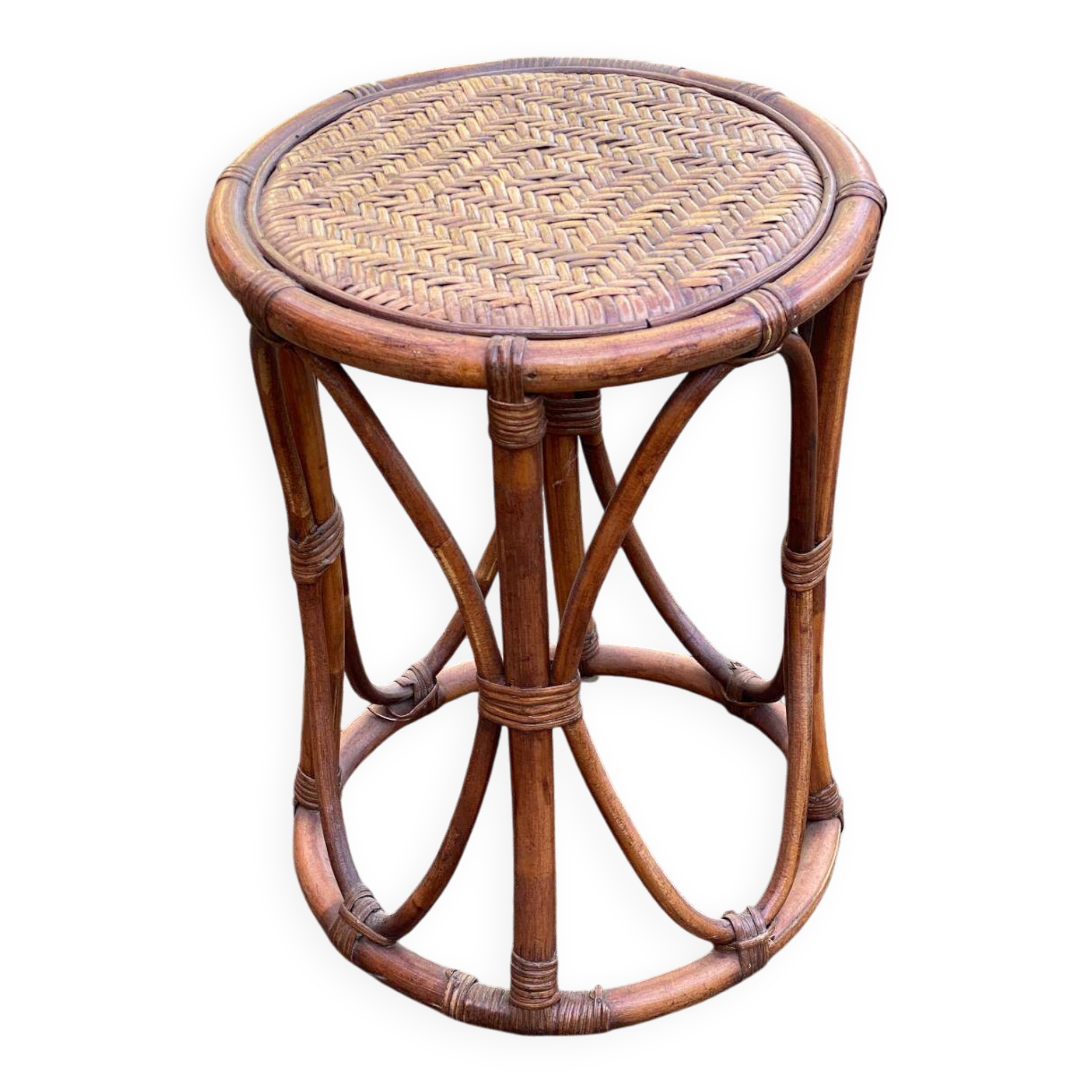 Vintage round stool in bamboo, rattan, and wicker.