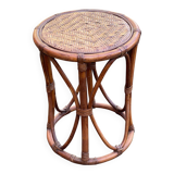 Vintage round stool in bamboo, rattan, and wicker.
