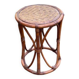 Vintage round stool in bamboo, rattan, and wicker.