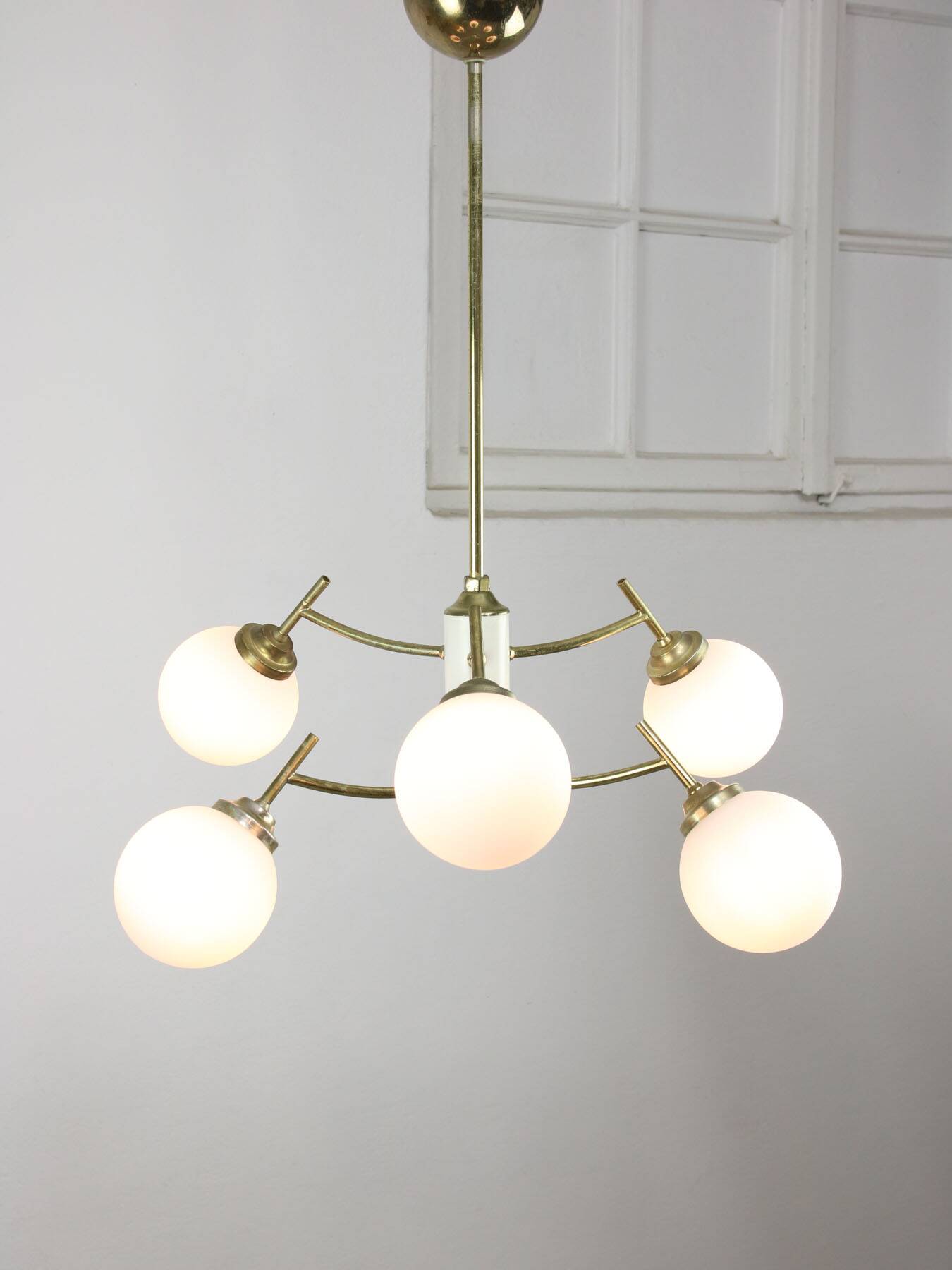 Mid-century Italian Brass and Opaline Chandelier, 50s