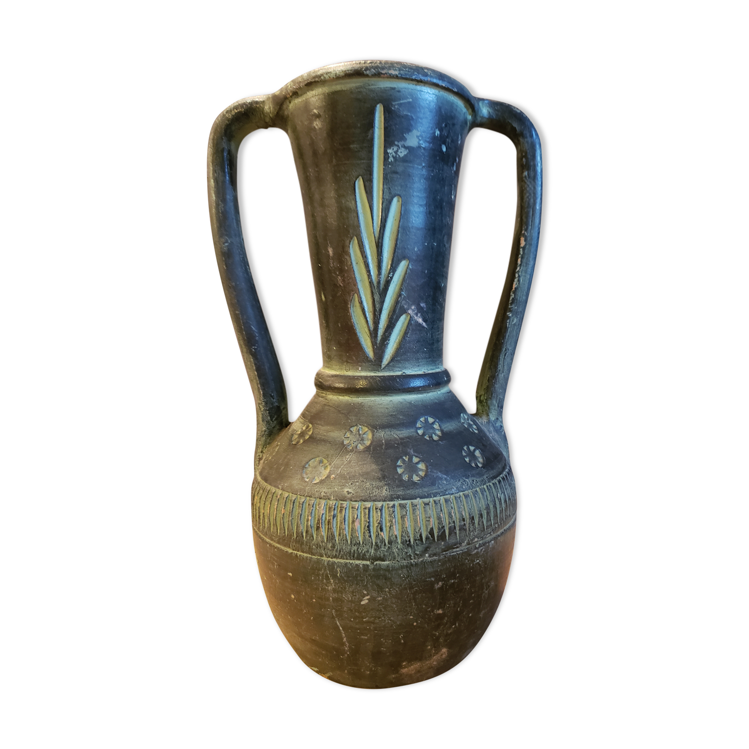 Green terracotta jar with 2 handles