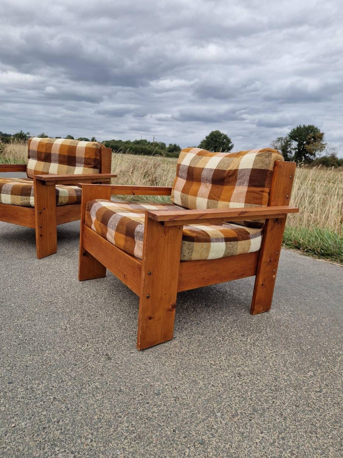 Pair of brutalist pine armchairs circa 1960