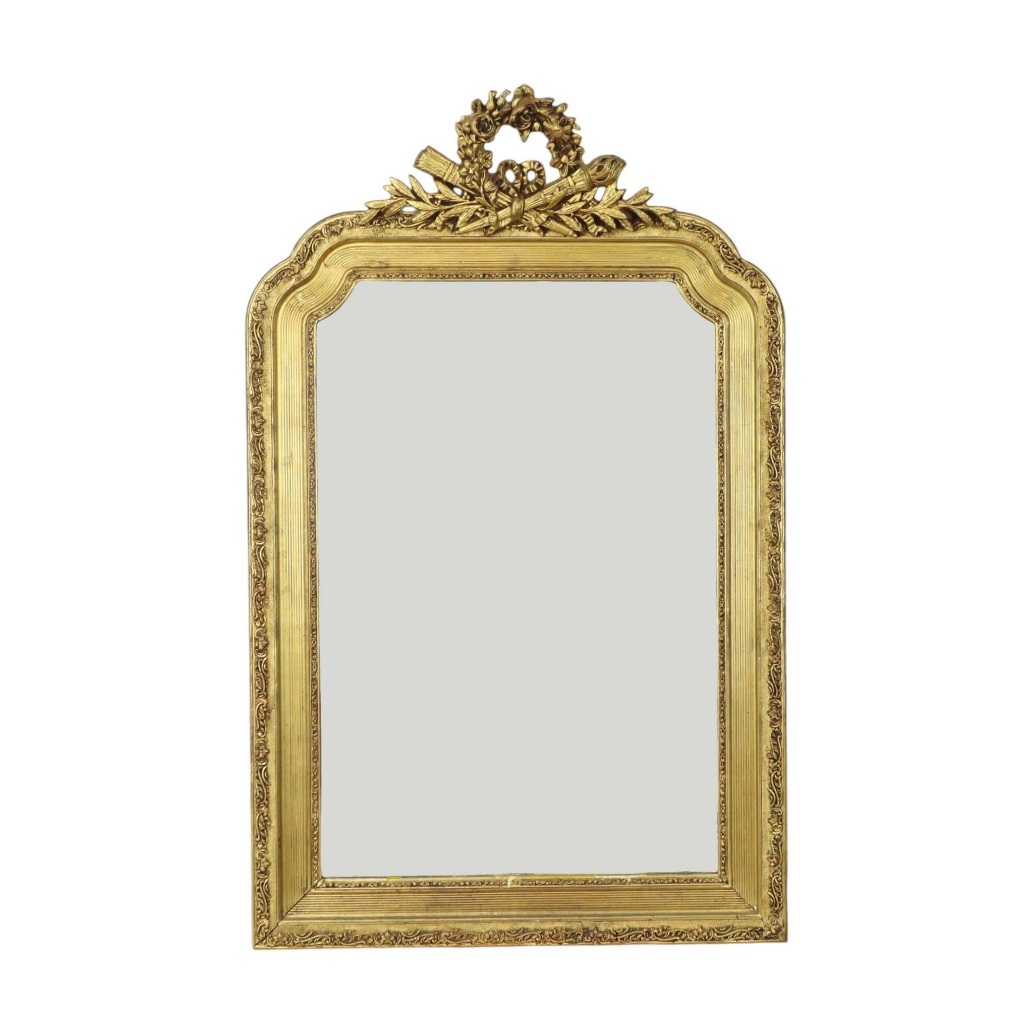 Large Antique Gold Mirror with Crown Classic Baroque France 118cm