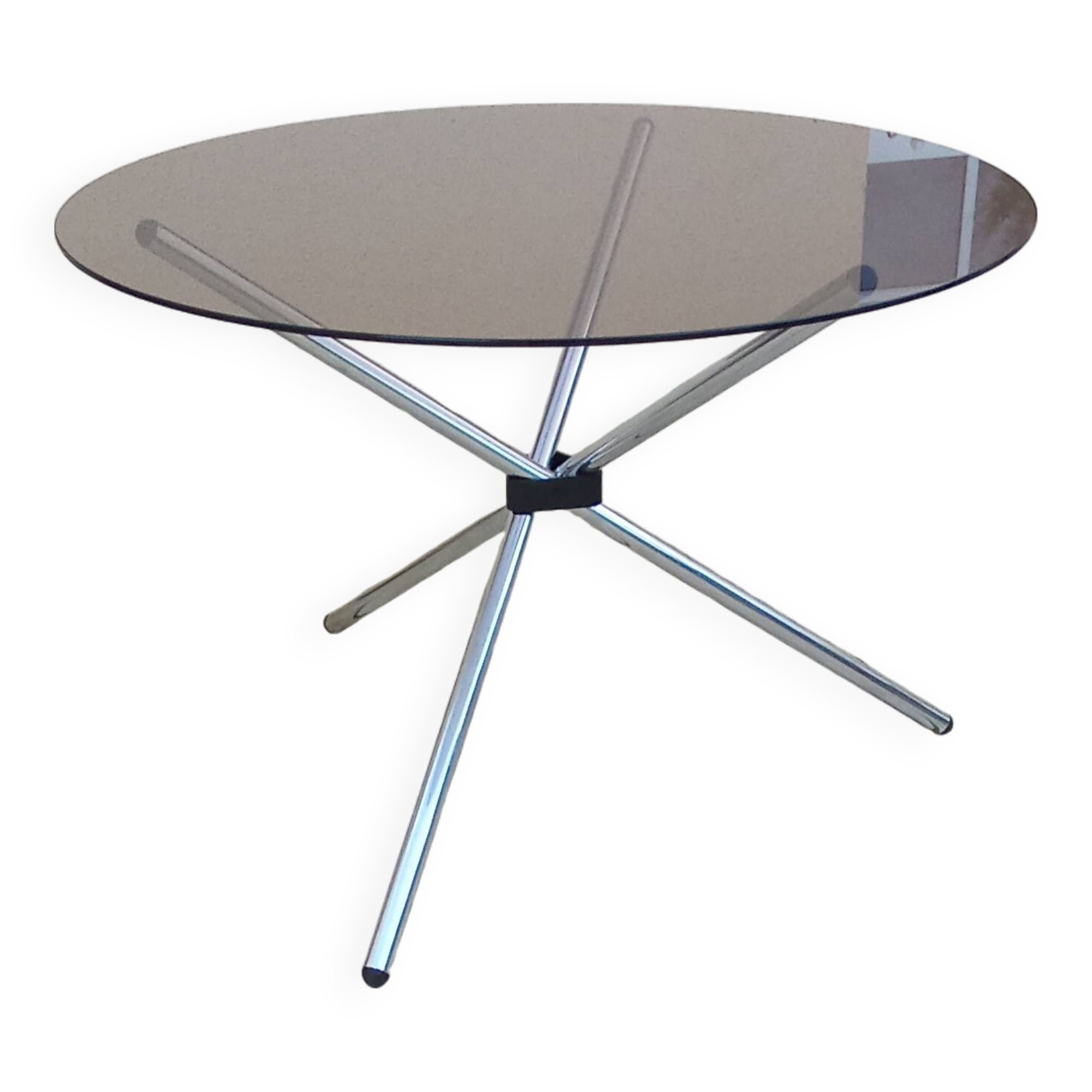 Vintage 70s table with glass and chrome legs.