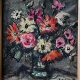 Ancienne huile sur toile, bouquet de fleurs, encadrement de style montmartre