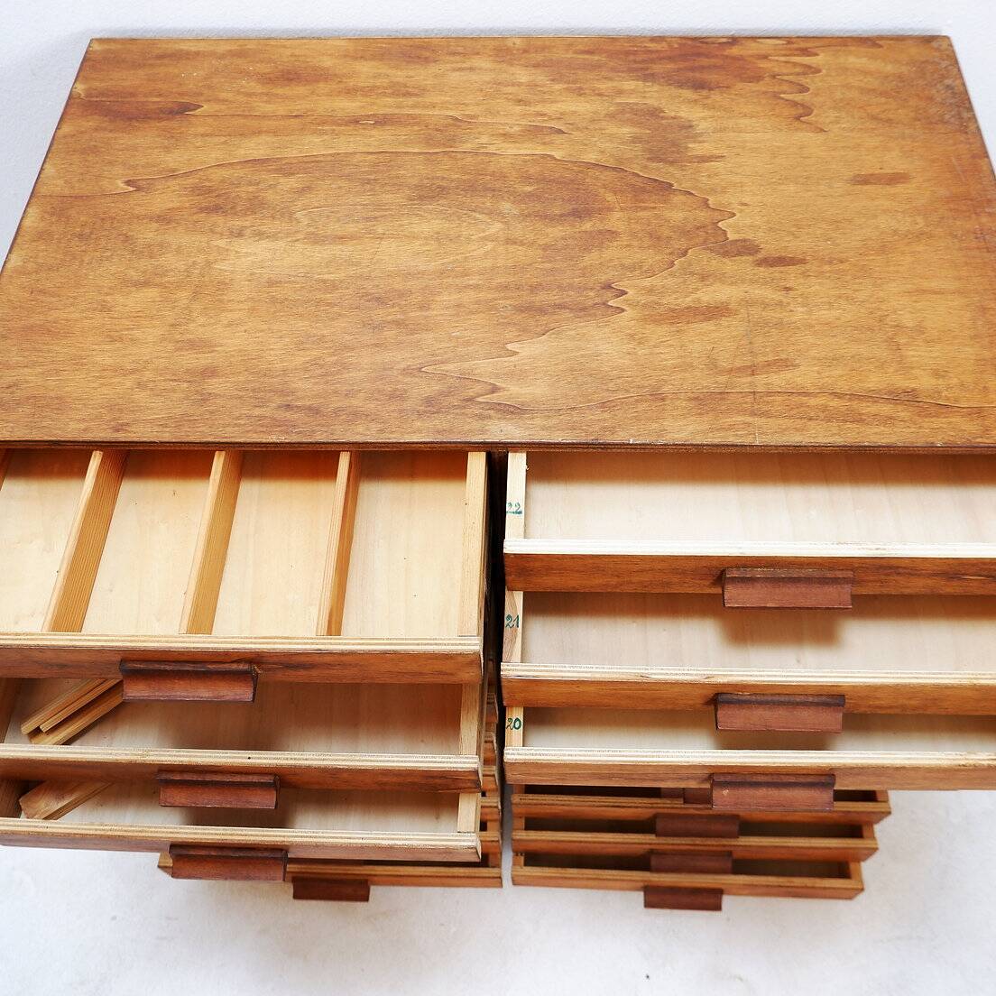 Vintage 22-drawer wooden flat filing cabinet, handmade