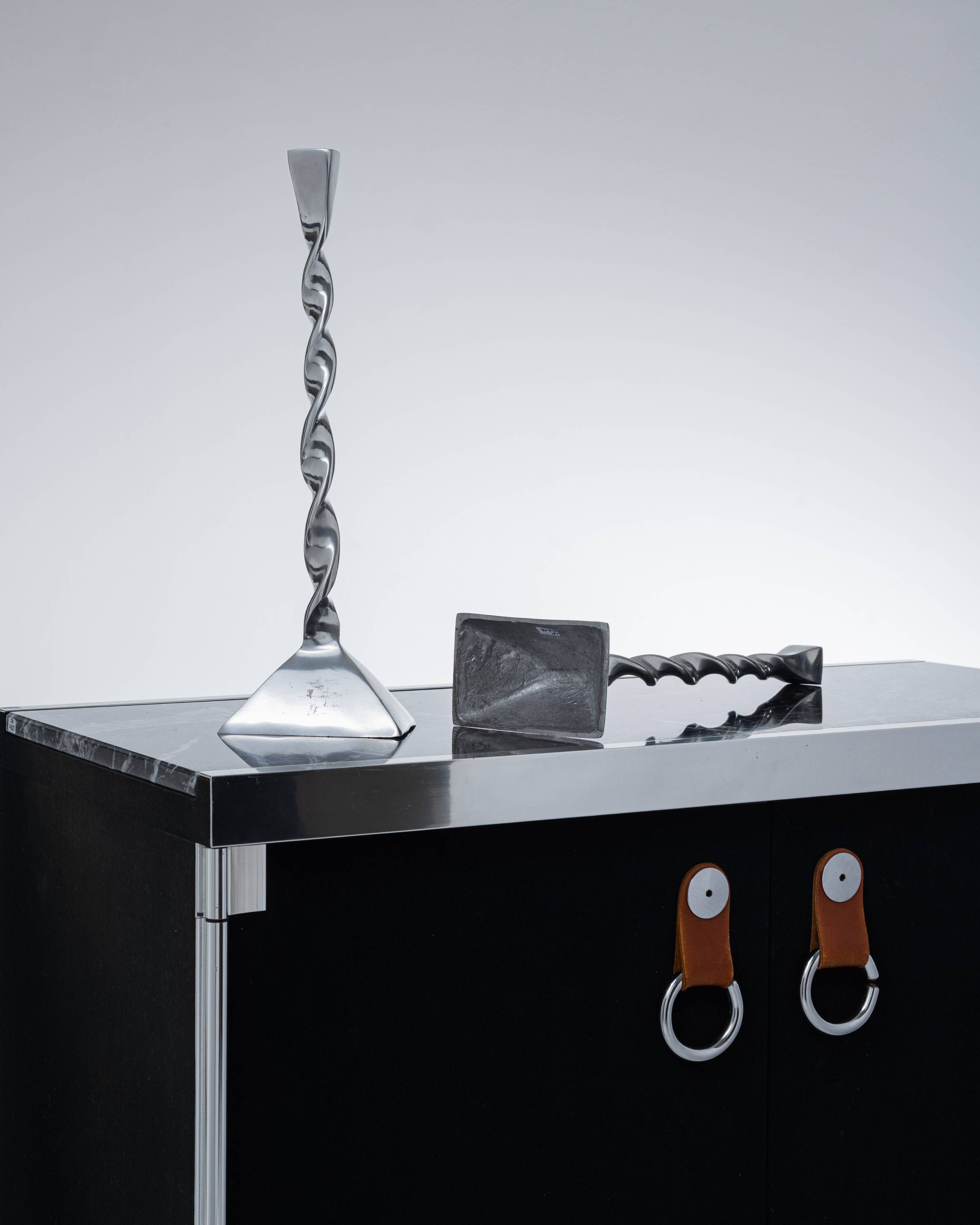 Pair of twisted metal candlesticks, 1980s