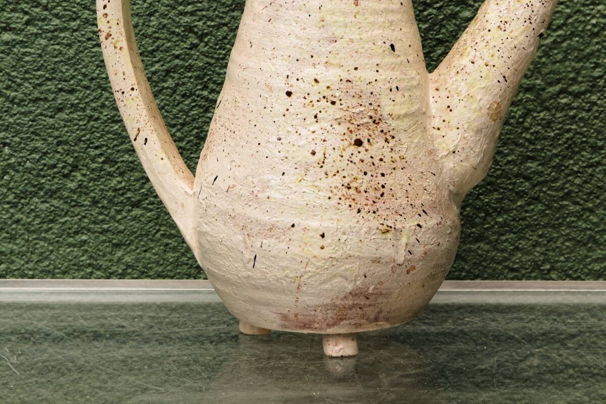 Vessel, jug, signed, 1950s, red terracotta, cream slip.
