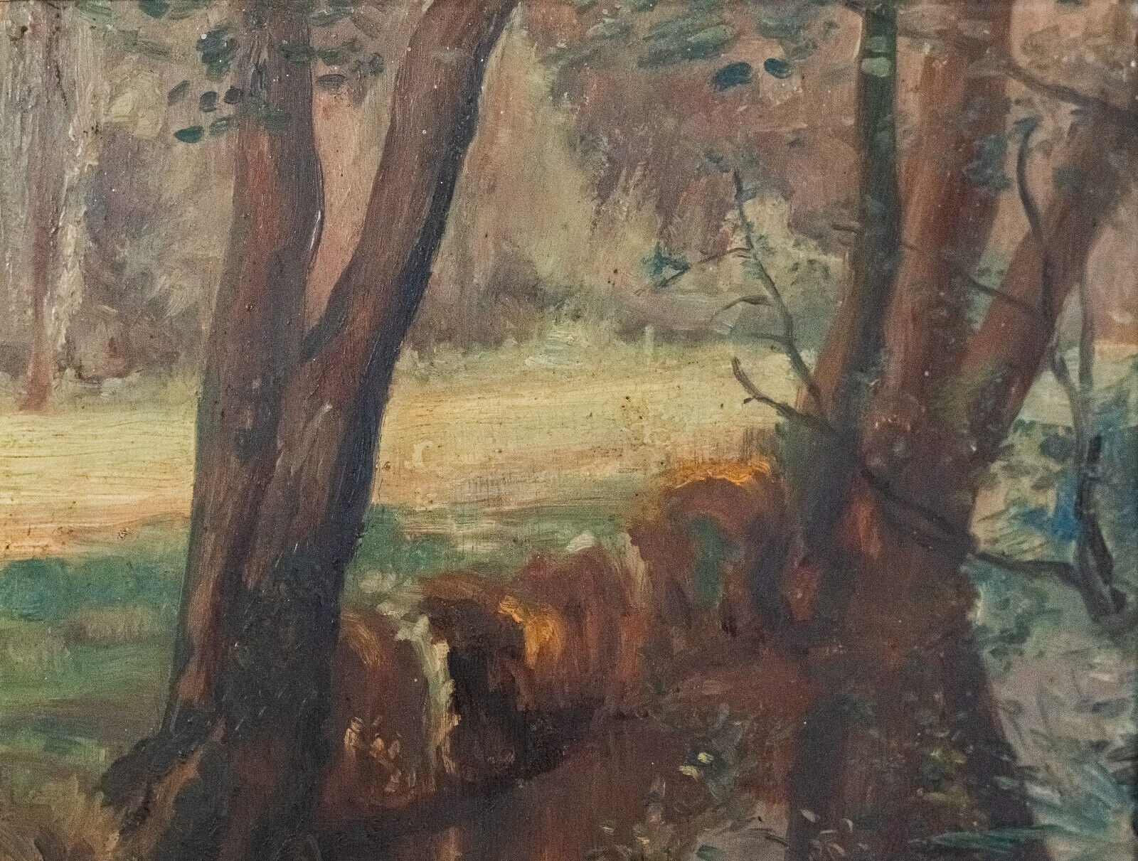 Oil on panel by Feldkricher 1942 undergrowth and river XXth