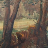Oil on panel by Feldkricher 1942 undergrowth and river XXth