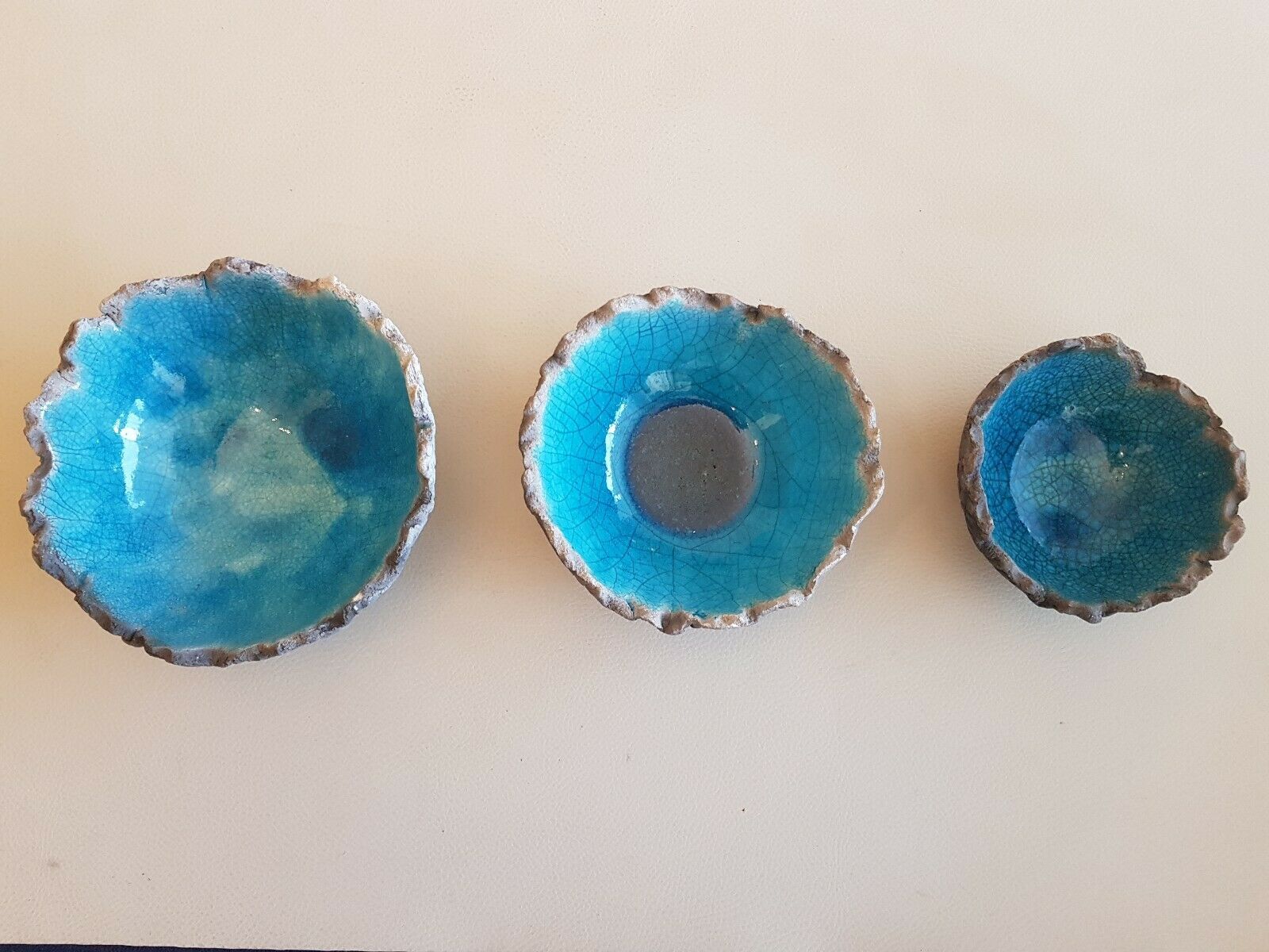3 empty bowls handmade ceramic pockets signed turquoise color irregular edges