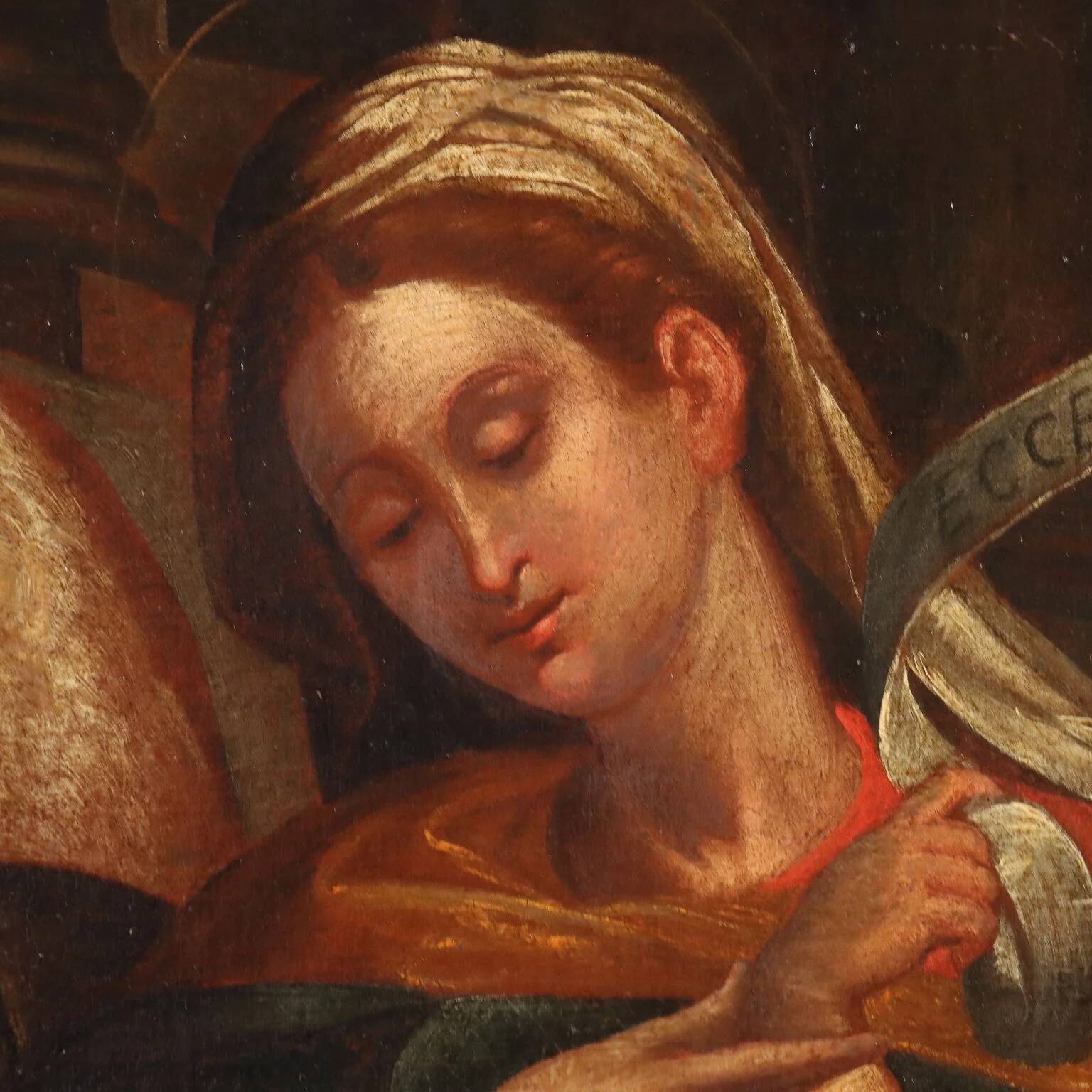 Ancient painting of the Virgin and Child on canvas from the 17th century.