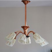 Chandelier copper tulip golden glass and white patterns 6 lights old vintage luminaire restored