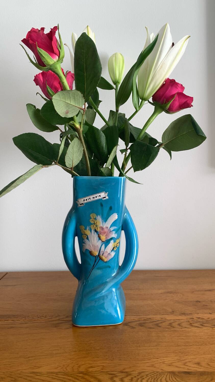 Sculptural vase in azure blue ceramic, hand-painted floral decoration –