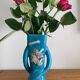 Sculptural vase in azure blue ceramic, hand-painted floral decoration –