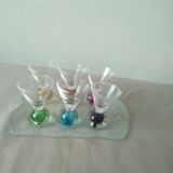 Box 6 liqueur glasses, colored ball base + serving tray, new