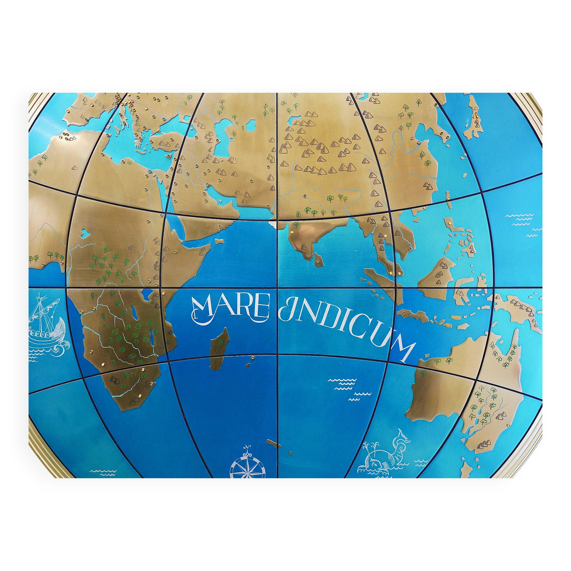 Impressive pair of two giant modern wall globes, world map, diameter 95 inches, 1950s.