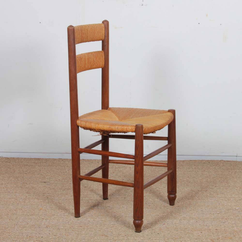 Set of 4 wooden chairs with rush seats, French work, 1950.