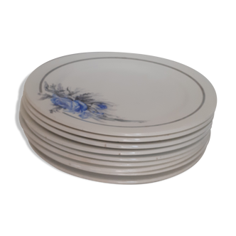 Set de 10 assiettes plates fond blanc et fleurs bleues Sarreguemines France annèes 30