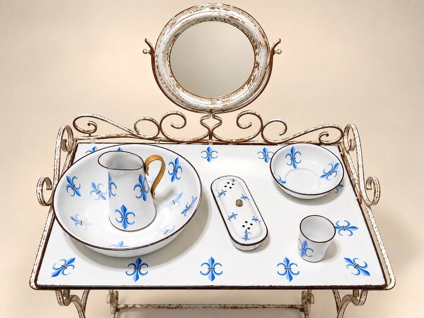 Dressing table – Napoleon III style – Wrought iron & Enamel – Flower decoration