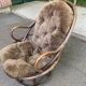Fauteuil pivotant en rotin et coussin velours marron années 70