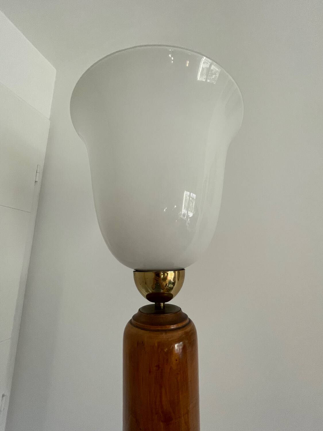 Antique wooden floor lamp with opaline glass shade