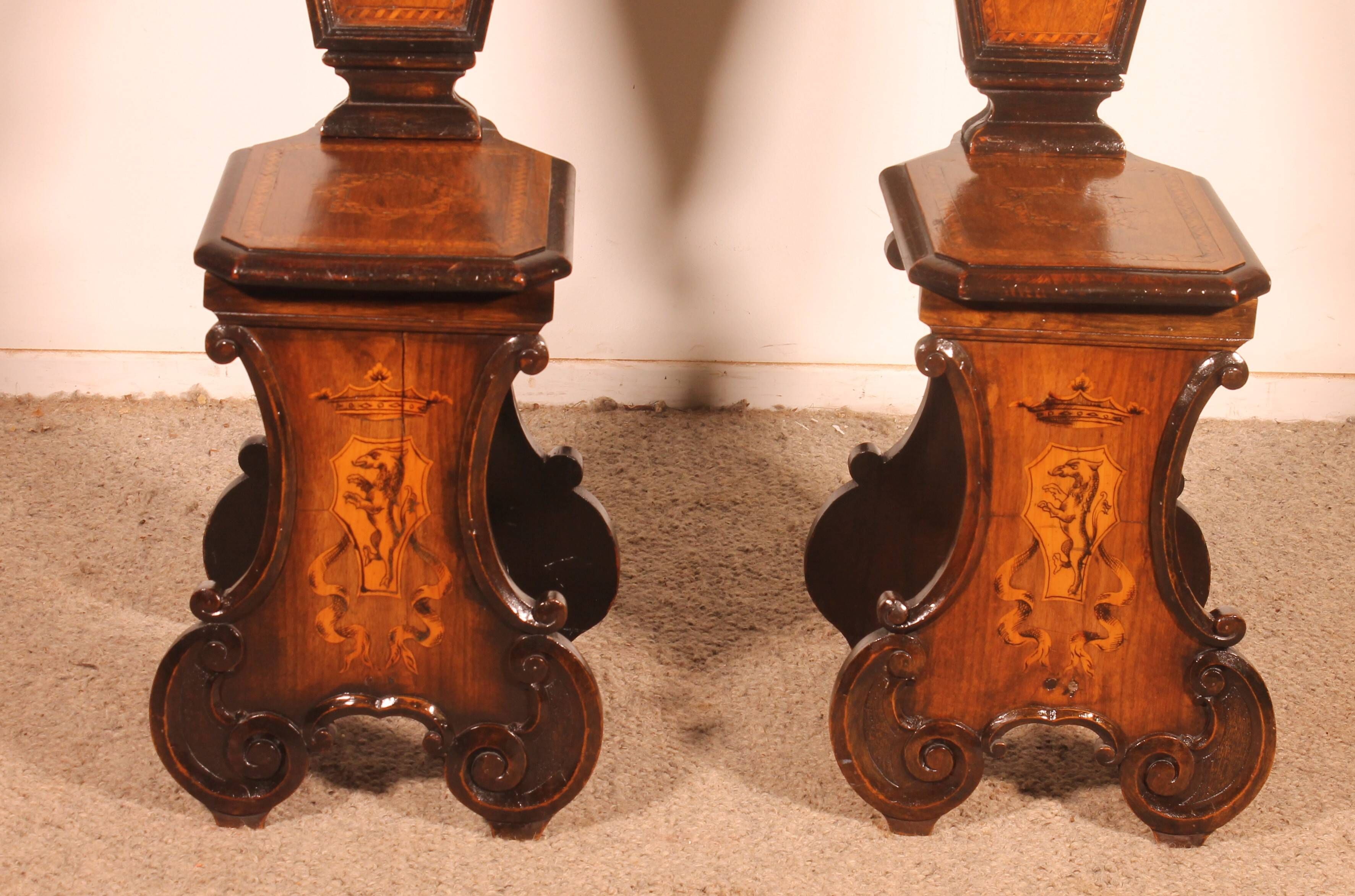 pair of stools in walnut and marquetry - 19th century