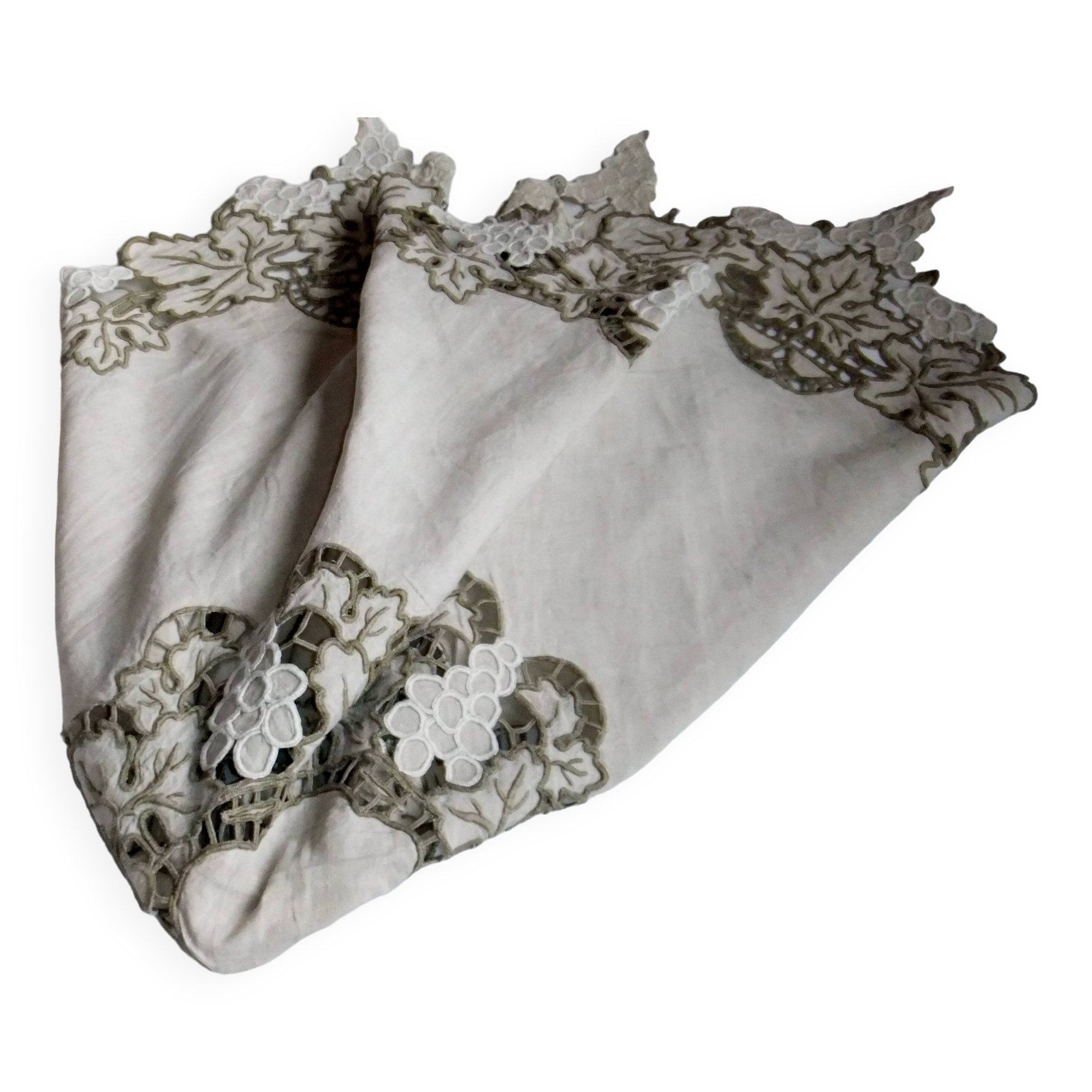 Antique linen tablecloth embroidery Richelieu scalloped linen centerpiece 128 cm