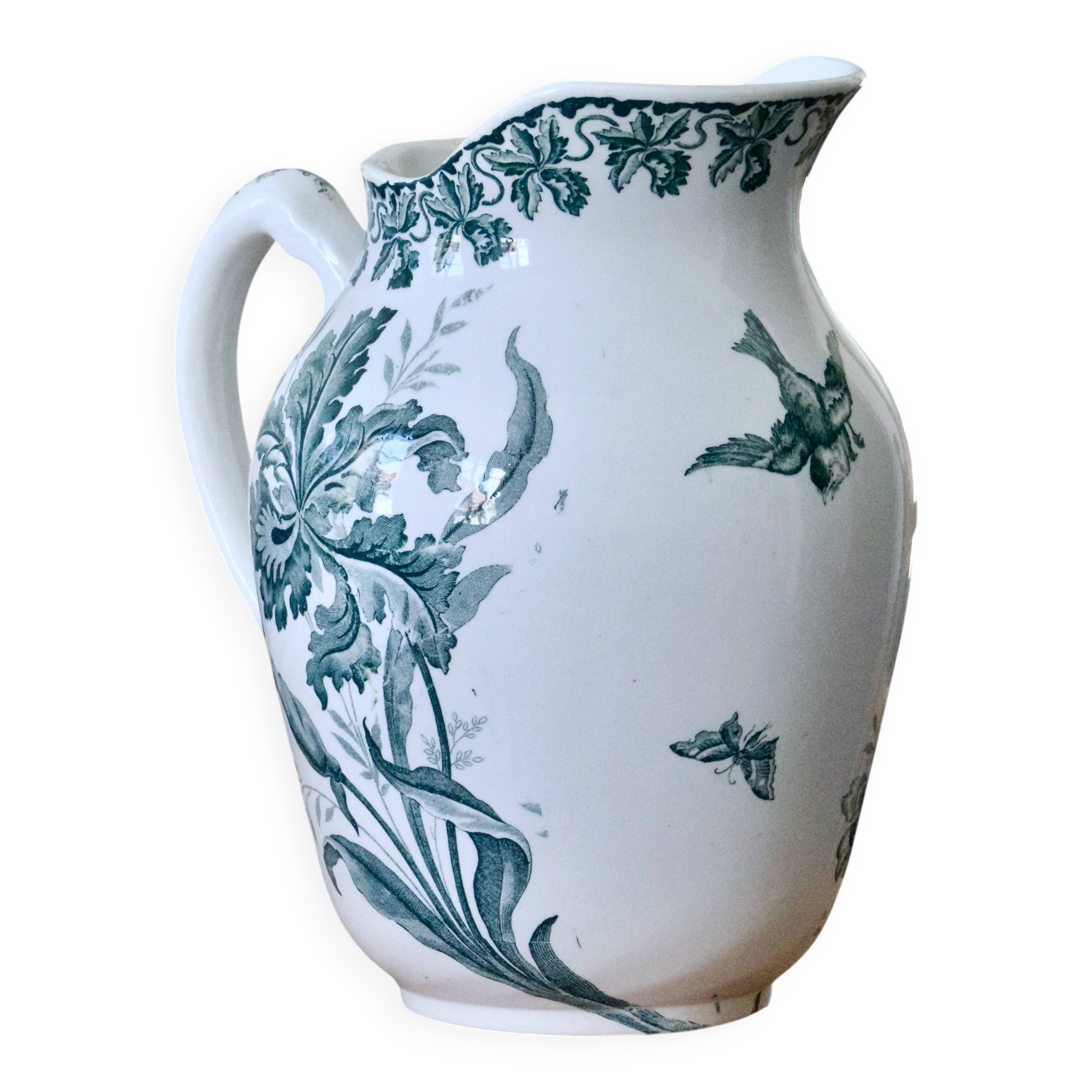Large jug / carafe from the 19th century, ironstone, bird signed Moulin des Loups.