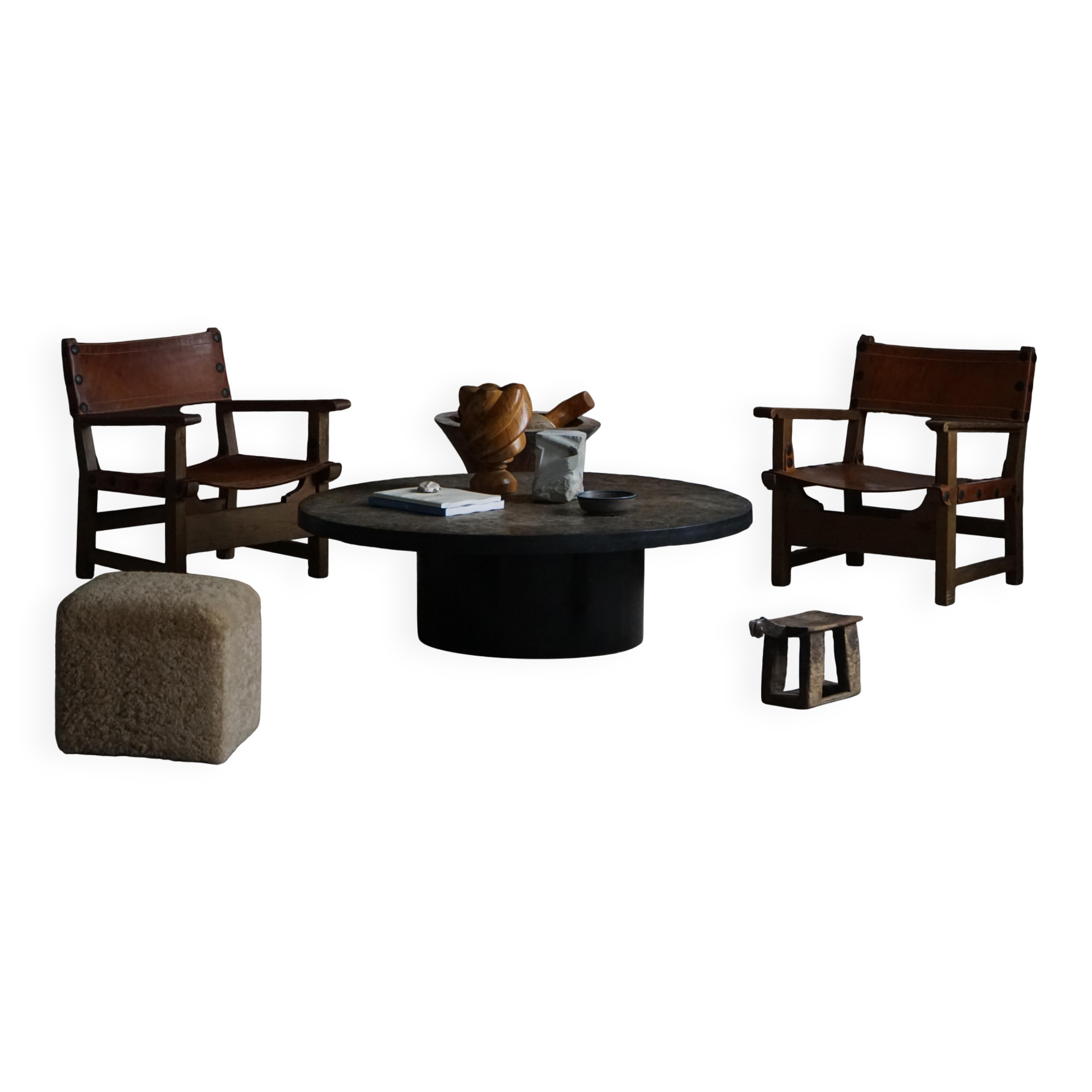 Pair of Spanish brutalist armchairs from the 1960s, wood and leather.