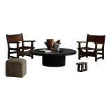 Pair of Spanish brutalist armchairs from the 1960s, wood and leather.