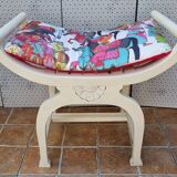 Curule stool in patinated carved wood, Manuel Canovas seat, 60 cm