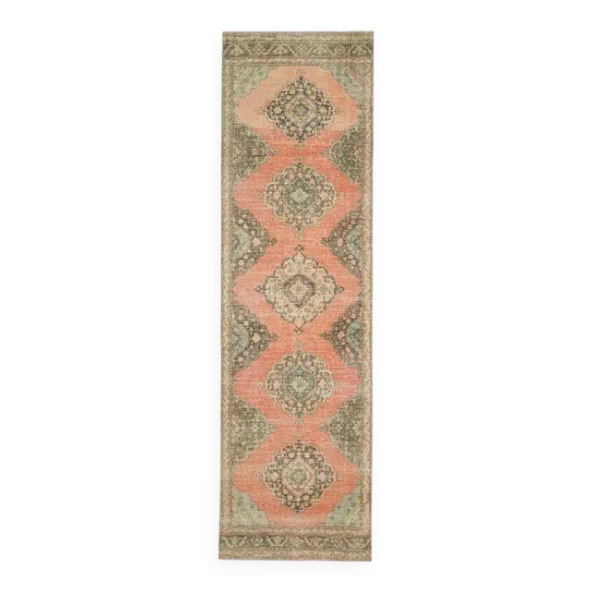Tapis couloir vintage turc Oushak fait main en laine et coton orange des années 1970 112x402