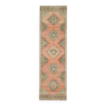 1970s Vintage Turkish Oushak Handmade Wool Cotton Orange Runner Rug 112x402