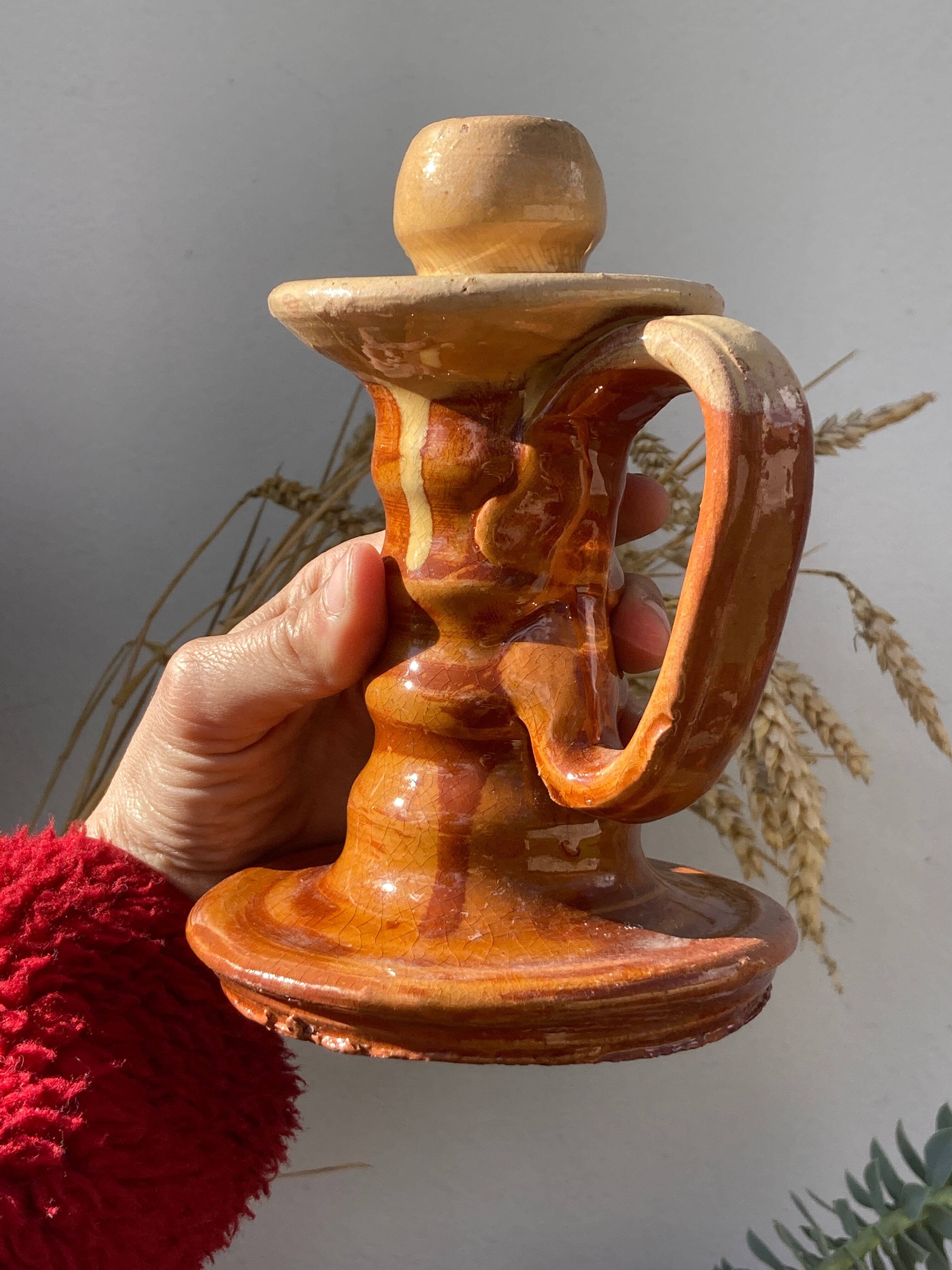 Pair of candle holder Tamegroute old terracotta enamelled brown and beige Moroccan berber