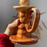 Pair of candle holder Tamegroute old terracotta enamelled brown and beige Moroccan berber