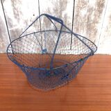 Old foldable blue metal basket, vintage handles
