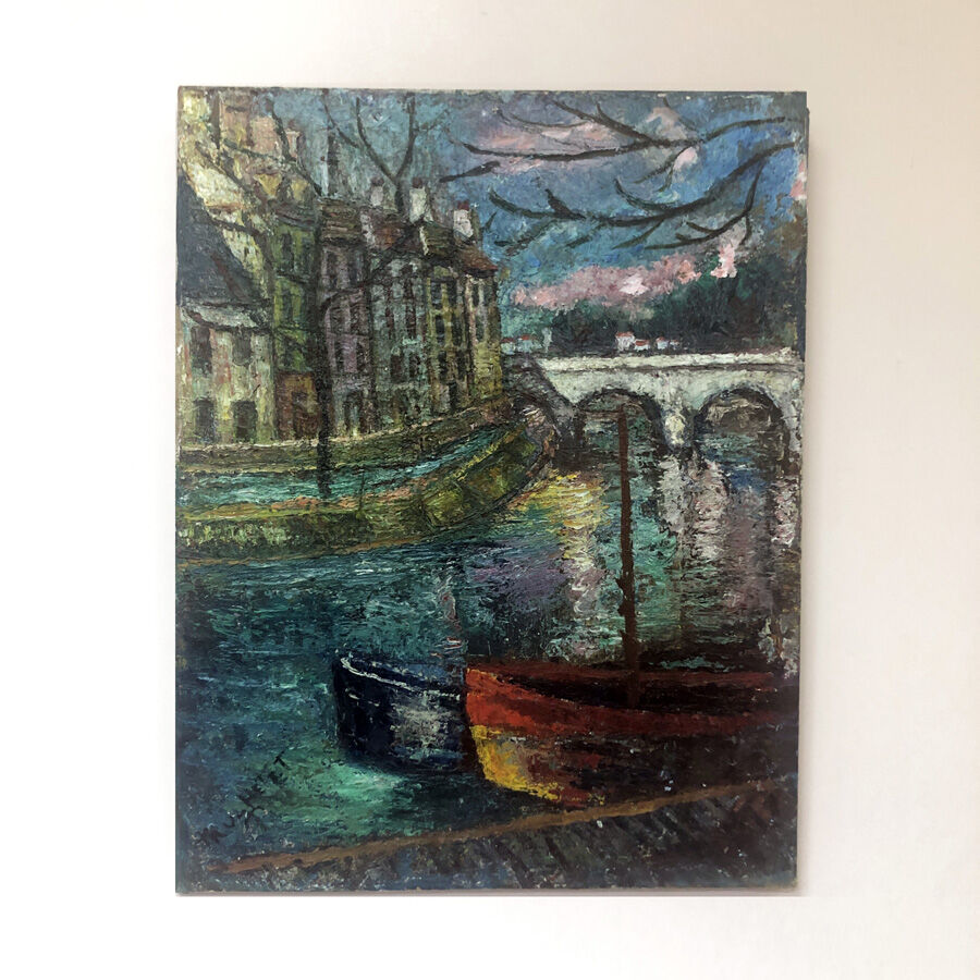 Painting "Les quais" 50's signed Truchetet