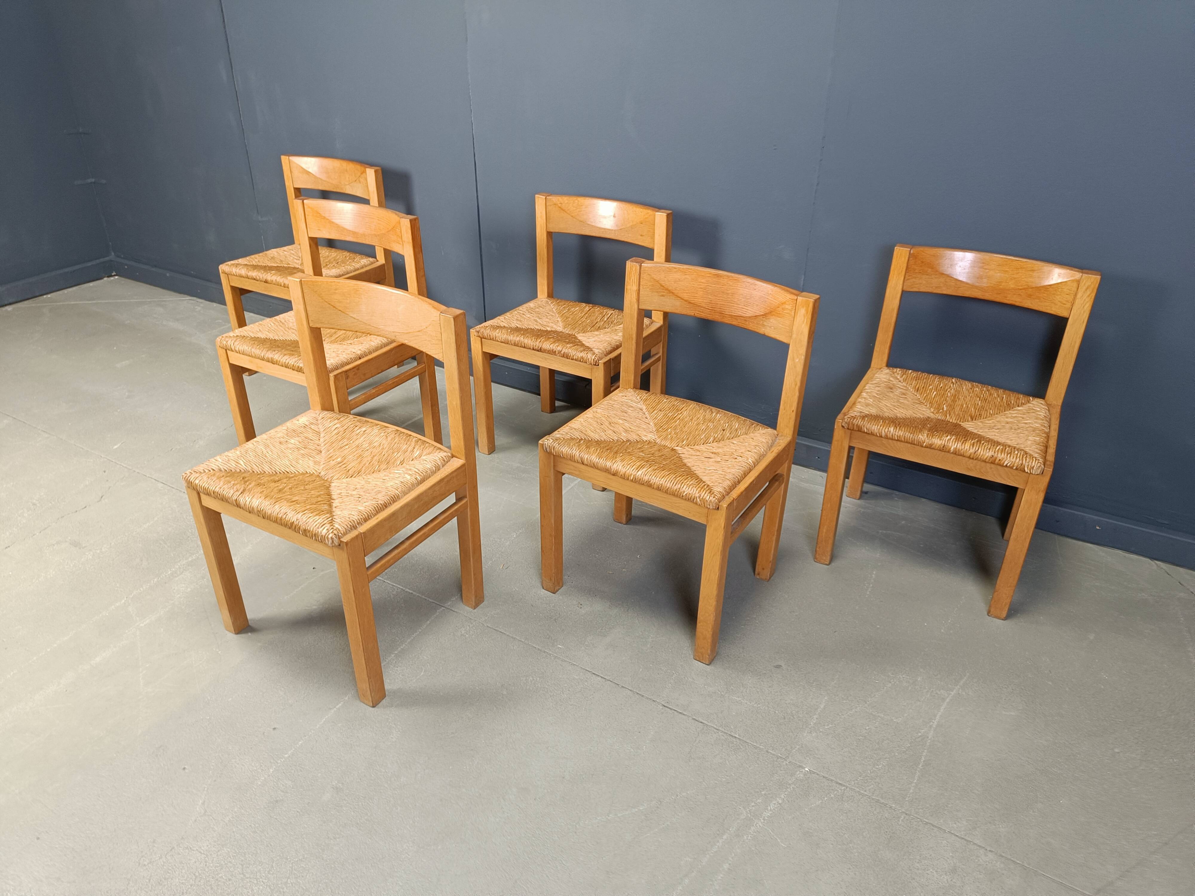 Vintage oak and wicker dining chairs, 1960s