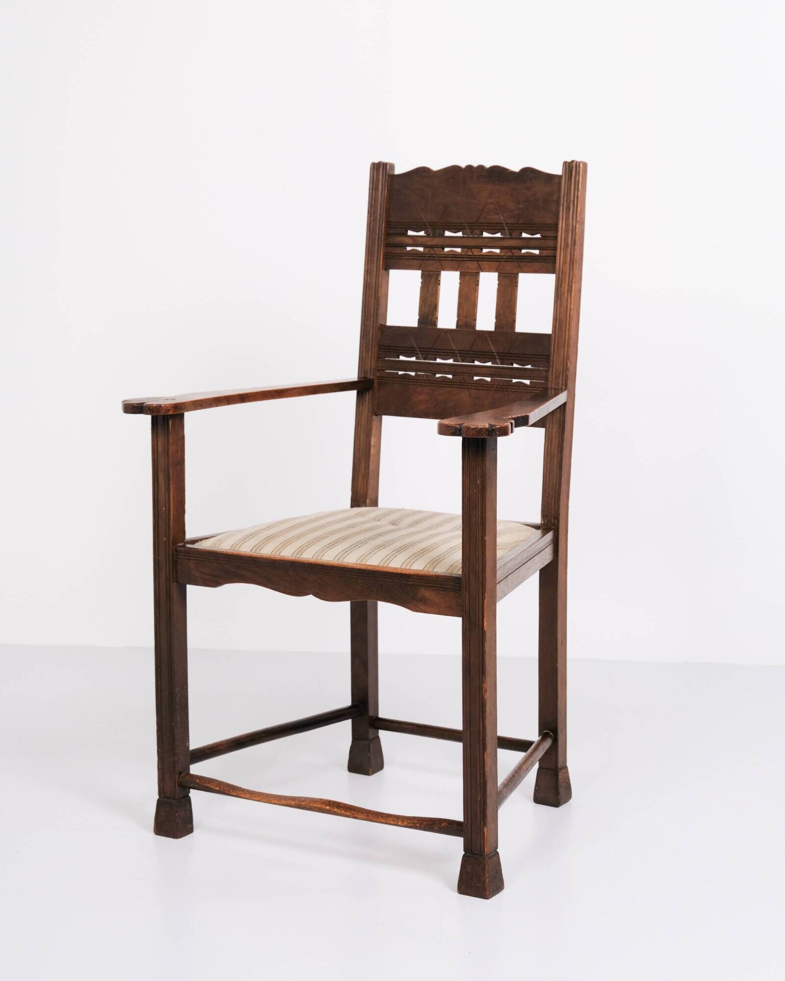 Antique armchair - oak - striped upholstery - 1930s
