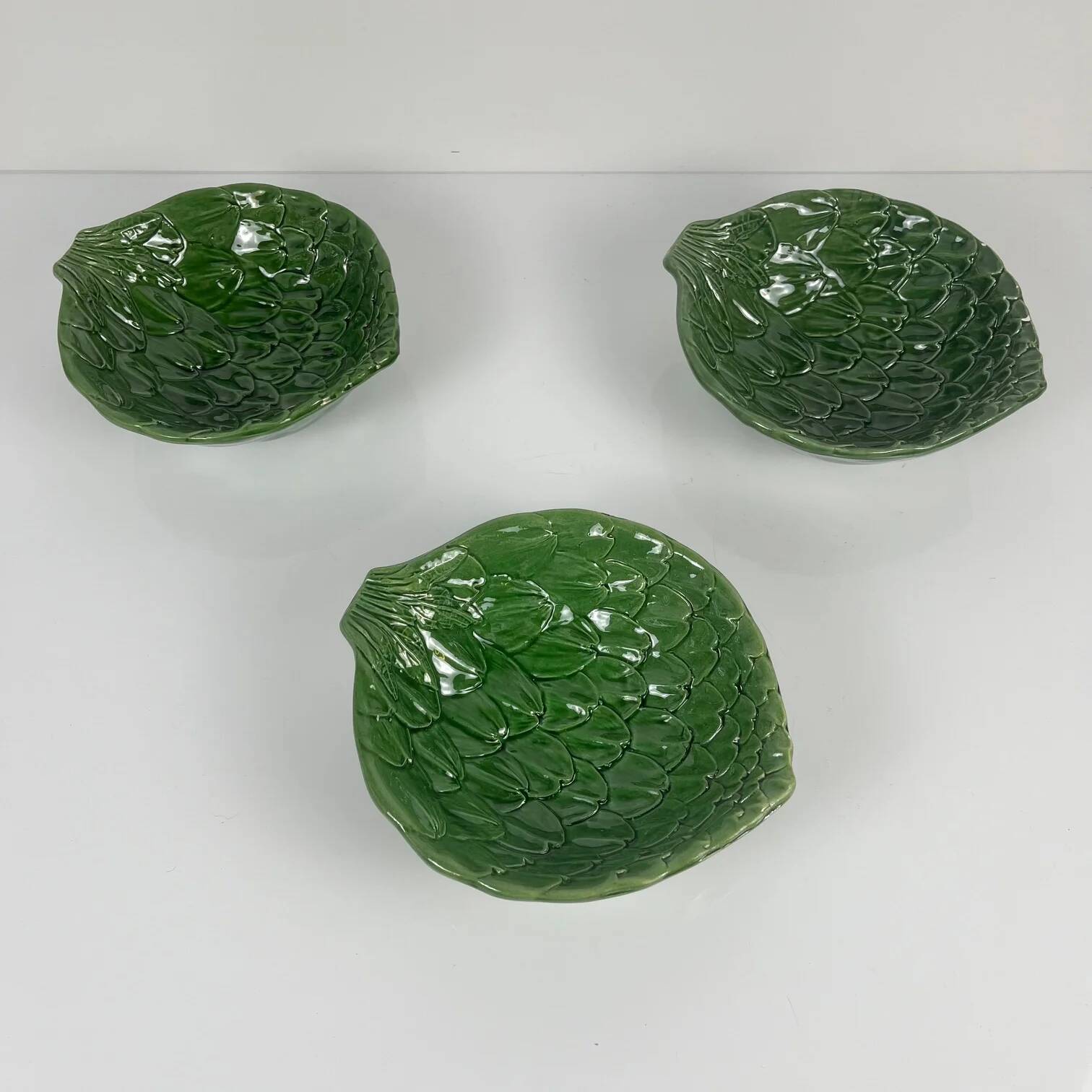 Set of 3 green leaf artichoke barbotine bowls vintage 70s