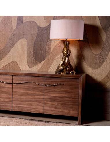 Pair of table lamps in patinated brass color, linen lampshade.