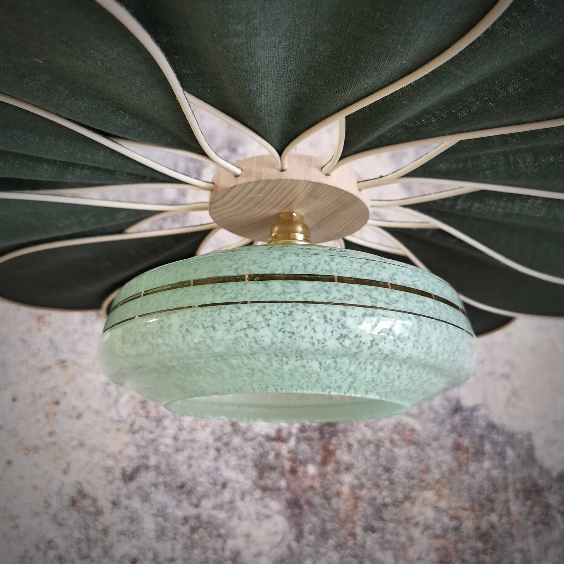 Rattan and Green Linen Flower Pendant Light and Vintage Clichy Glass Globe