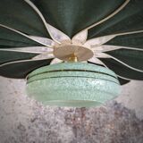Rattan and Green Linen Flower Pendant Light and Vintage Clichy Glass Globe