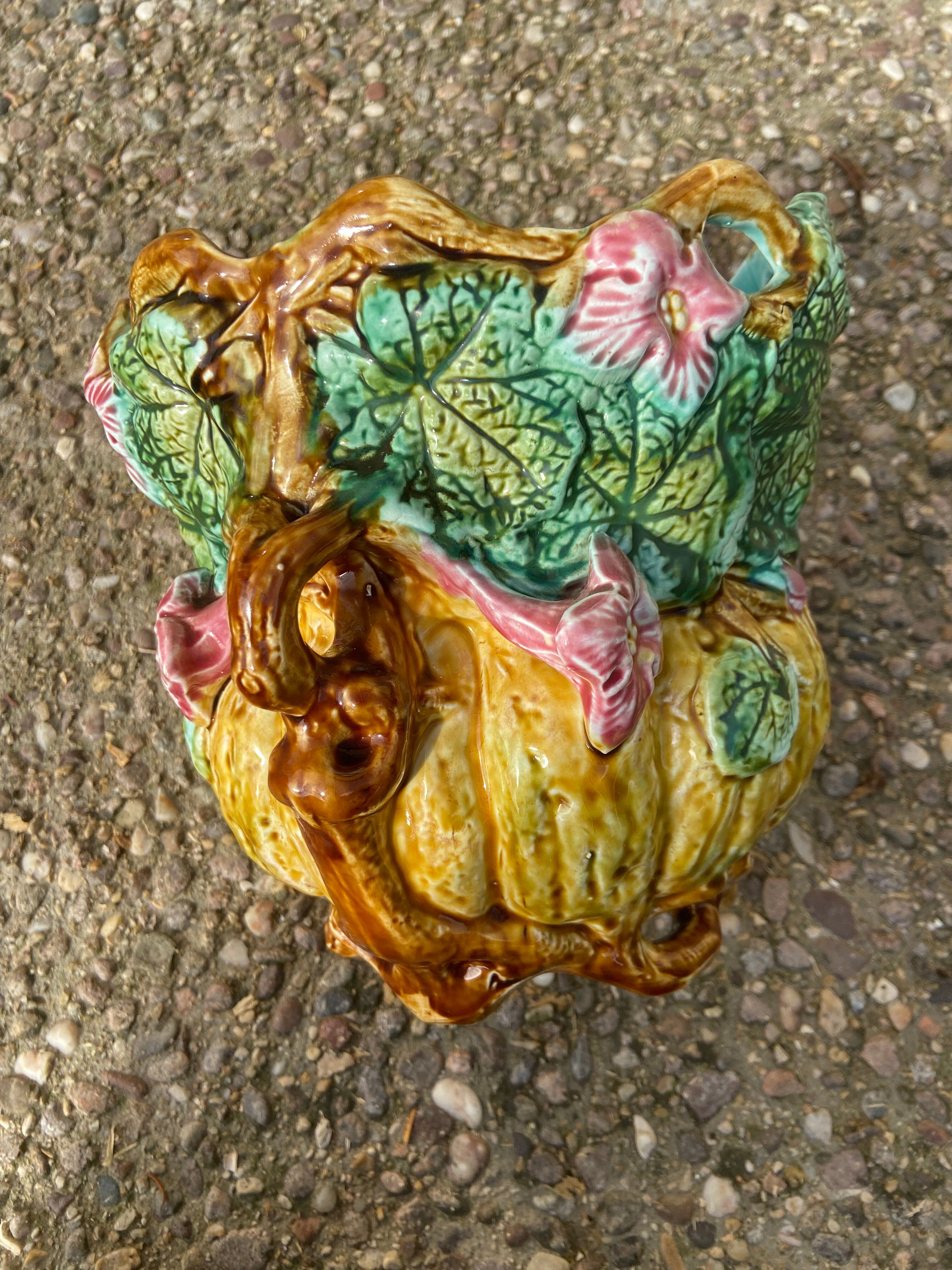 Antique cache-pot in majolica with floral decoration – Turquoise interior