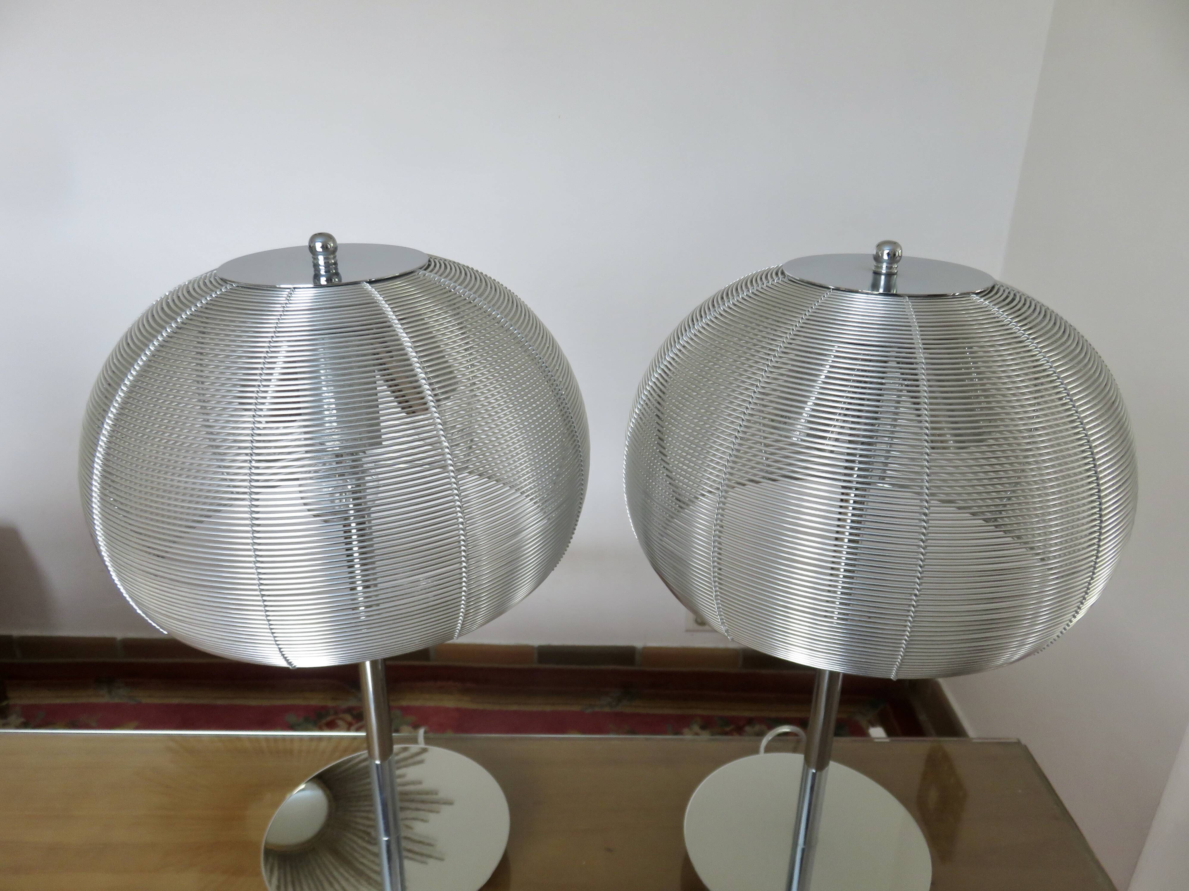Pair of chrome-plated metal lamps with aluminum wire shades, 1990