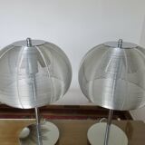Pair of chrome-plated metal lamps with aluminum wire shades, 1990