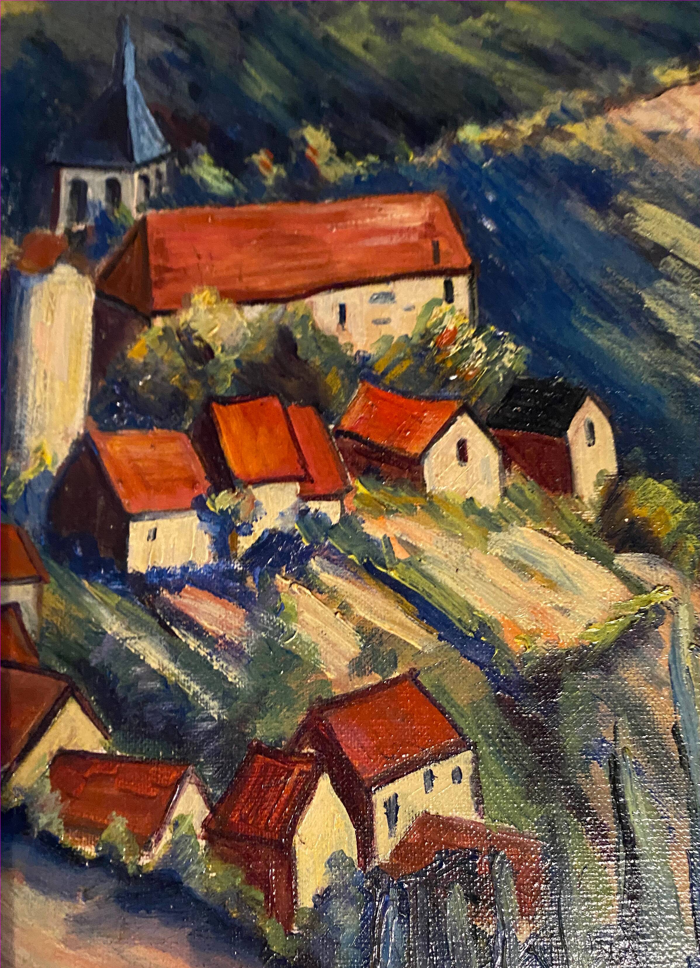 HST painting "Countryside landscape with village" signed G. Etave