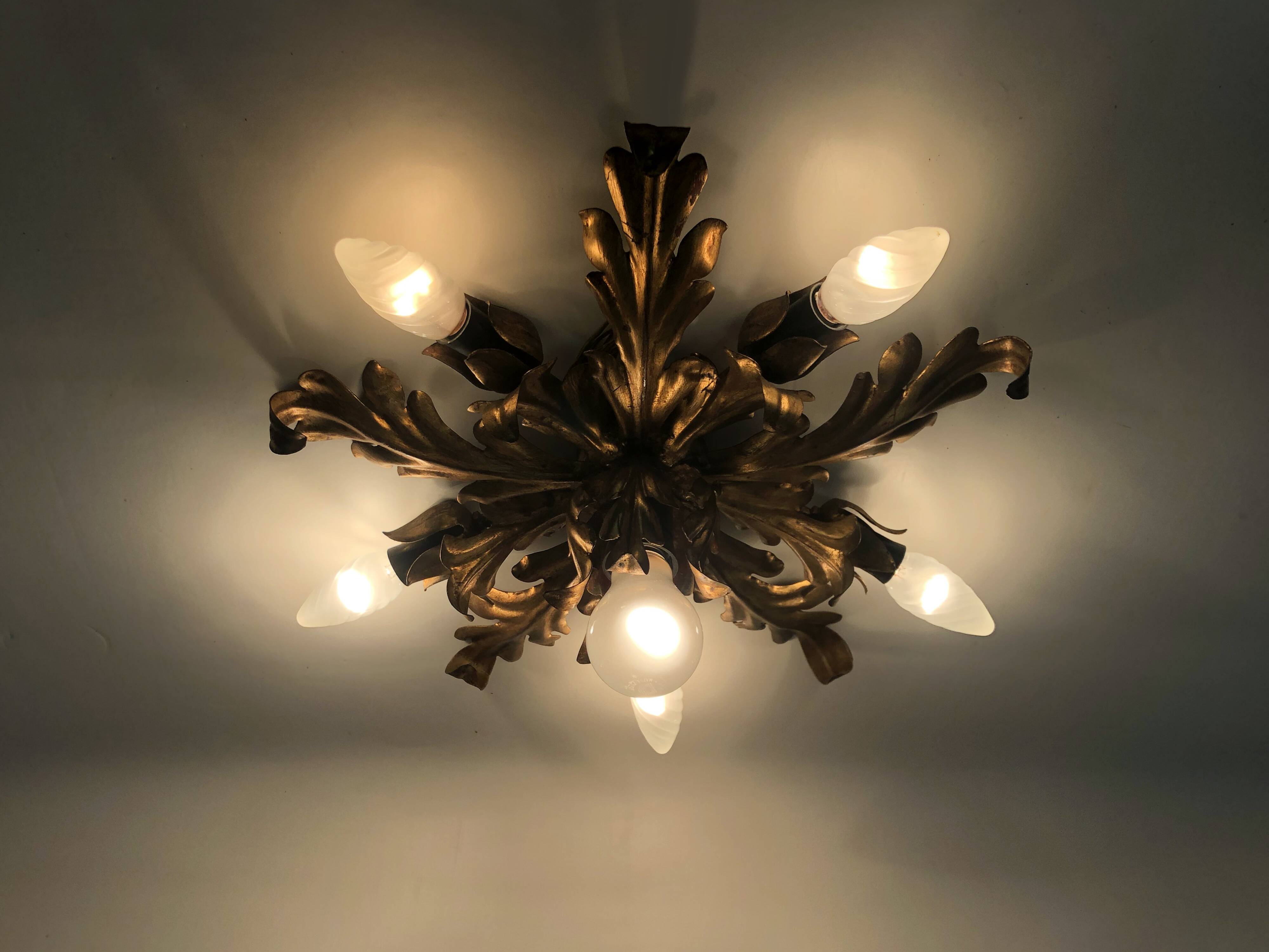 6-light golden leaf foliage ceiling light by Li Puma Firenze, Italy, 1960s
